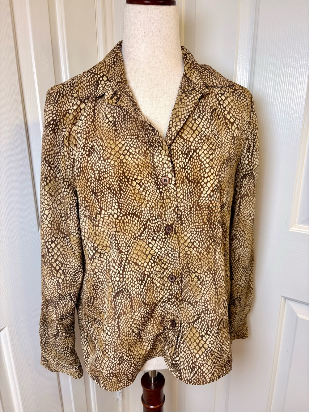 Vintage Joan Leslie Snake Print Button Down Blouse Brown Animal Print Top 10P